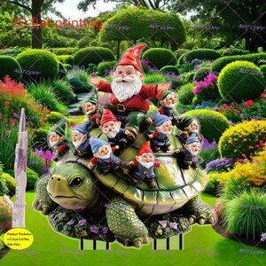 8h" x 5w" 2D Festive Gnome & Family Riding a Turtle Garden Outdoor Stake